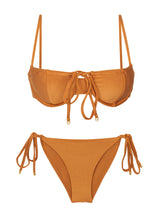 Carregar imagem no visualizador da galeria, Product Front: Rio De Sol Ensemble Set Shimmer-Nocciola Balconet-Tie Cheeky-Tie-Gold