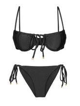Carregar imagem no visualizador da galeria, Product Front: Rio De Sol Ensemble Set Shimmer-Black Balconet-Tie Cheeky-Tie-Gold
