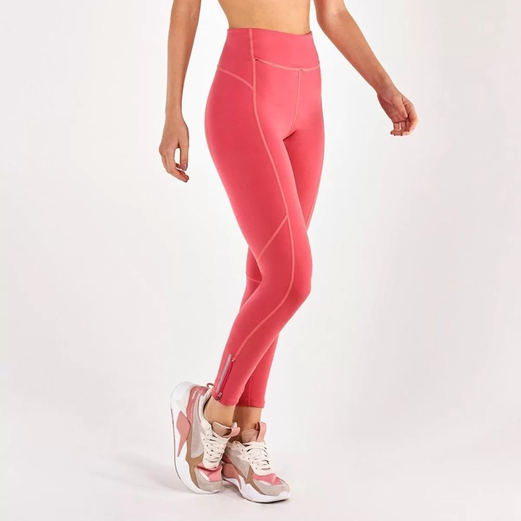 Model Front: Alto Giro Fitness Bas Legging Supplex Ziper Barra Coral