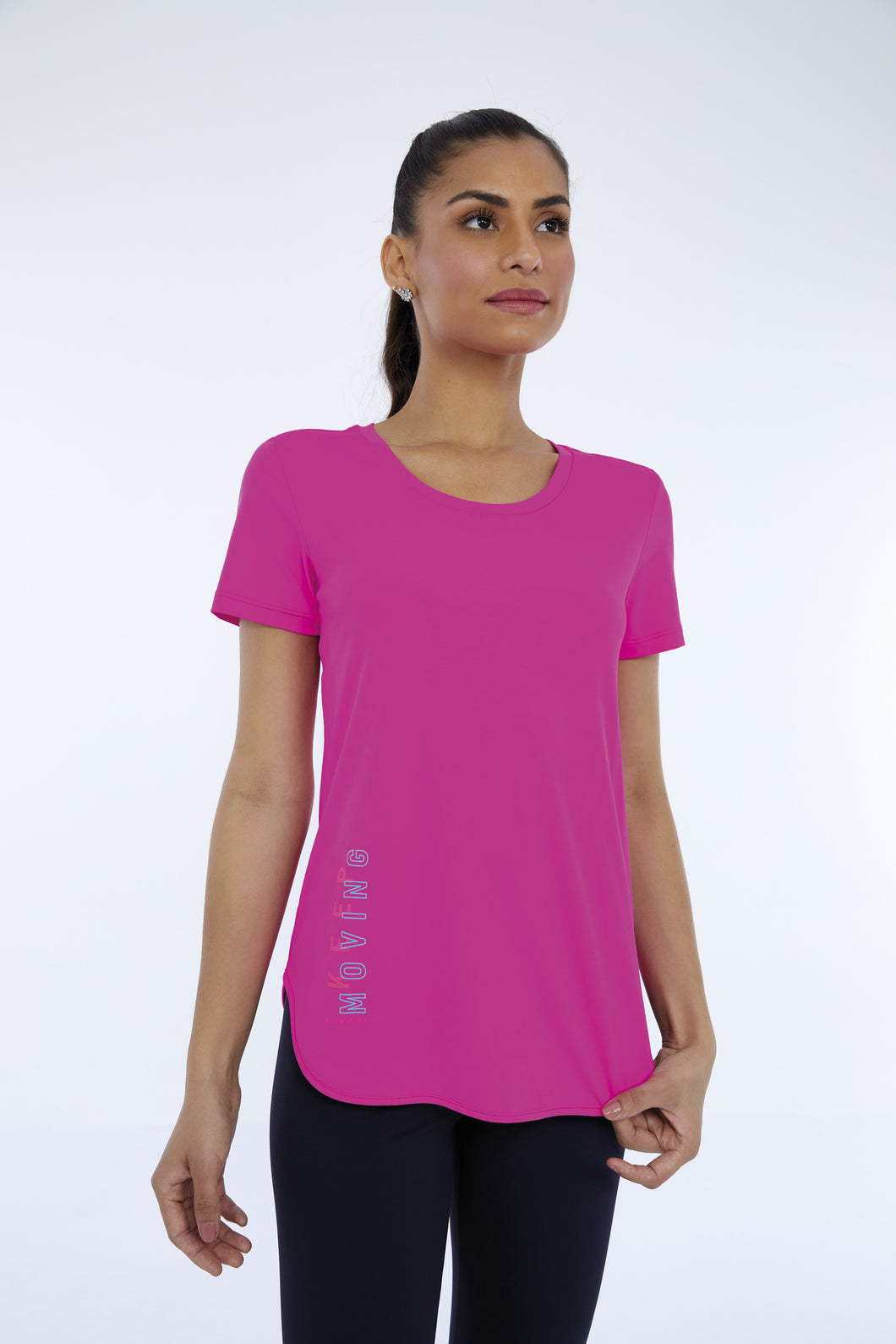 Model Front: Alto Giro Fitness Haut T-Shirt Skin Fit Inspiracionais Pink Choque