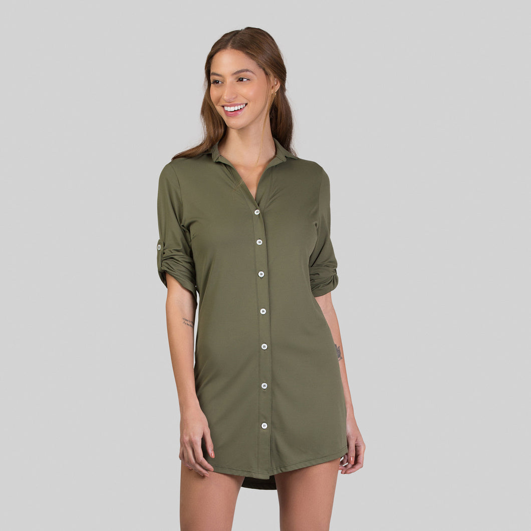 Model Front: Uv Line Vêtement De Plage Shirtdress Copenhagen Verde Militar Upf50+
